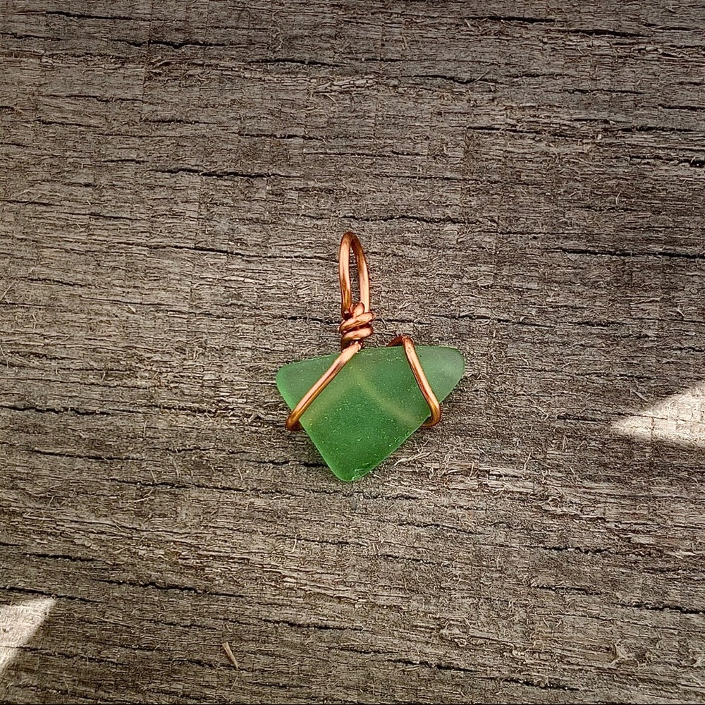 Hand Crafted Green Sea Glass and Copper Pendant